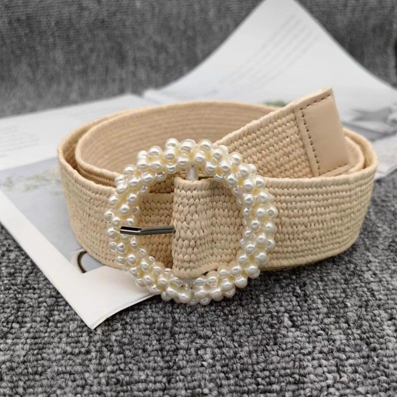 REWIN Fashion Skinny Dress Braided Rattan Braided Belts Women Straw Woven Elastic Stretch Waist Belt With Round Pearl Buckle