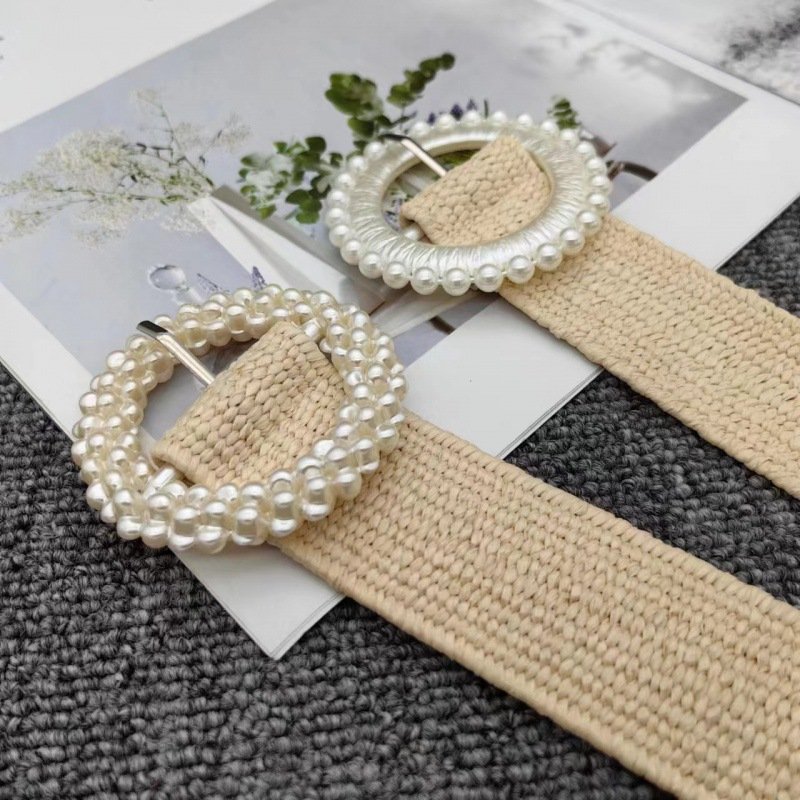 REWIN Fashion Skinny Dress Braided Rattan Braided Belts Women Straw Woven Elastic Stretch Waist Belt With Round Pearl Buckle