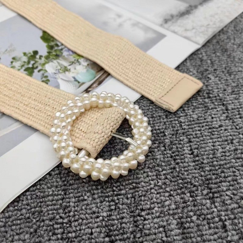 REWIN Fashion Skinny Dress Braided Rattan Braided Belts Women Straw Woven Elastic Stretch Waist Belt With Round Pearl Buckle