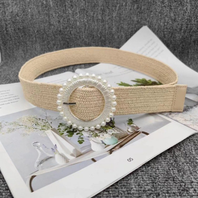 REWIN Fashion Skinny Dress Braided Rattan Braided Belts Women Straw Woven Elastic Stretch Waist Belt With Round Pearl Buckle