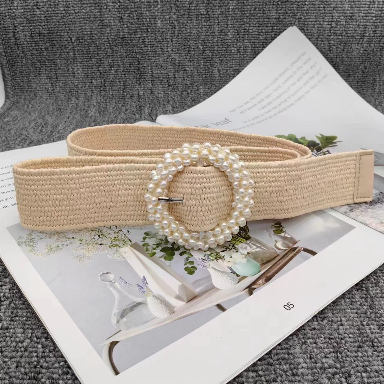 REWIN Fashion Skinny Dress Braided Rattan Braided Belts Women Straw Woven Elastic Stretch Waist Belt With Round Pearl Buckle