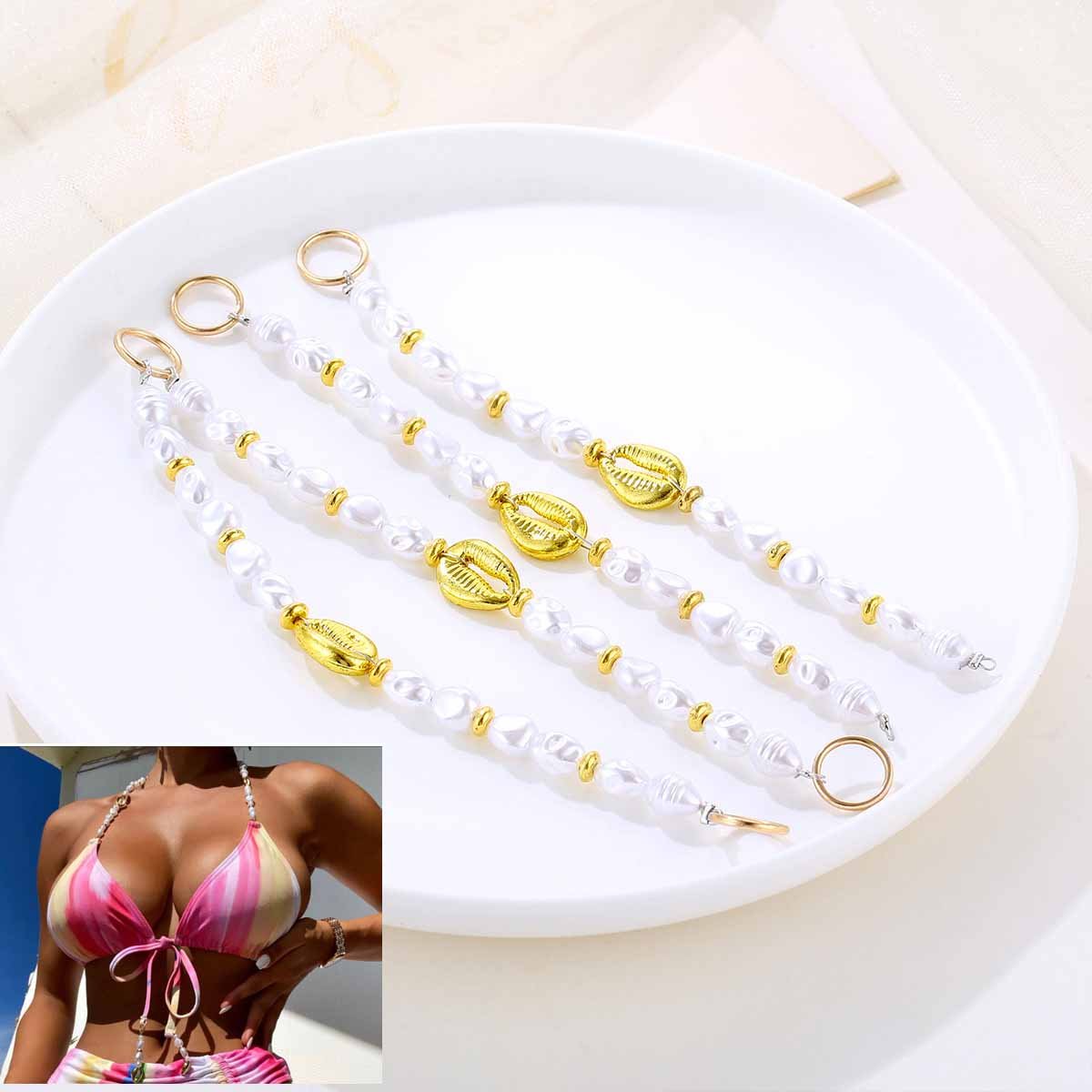 JFS011 Fashion Gold Plated Chain Strap Metal Necklace For Women Pearl Beaded Swimwear Connector Buckle Accessories
