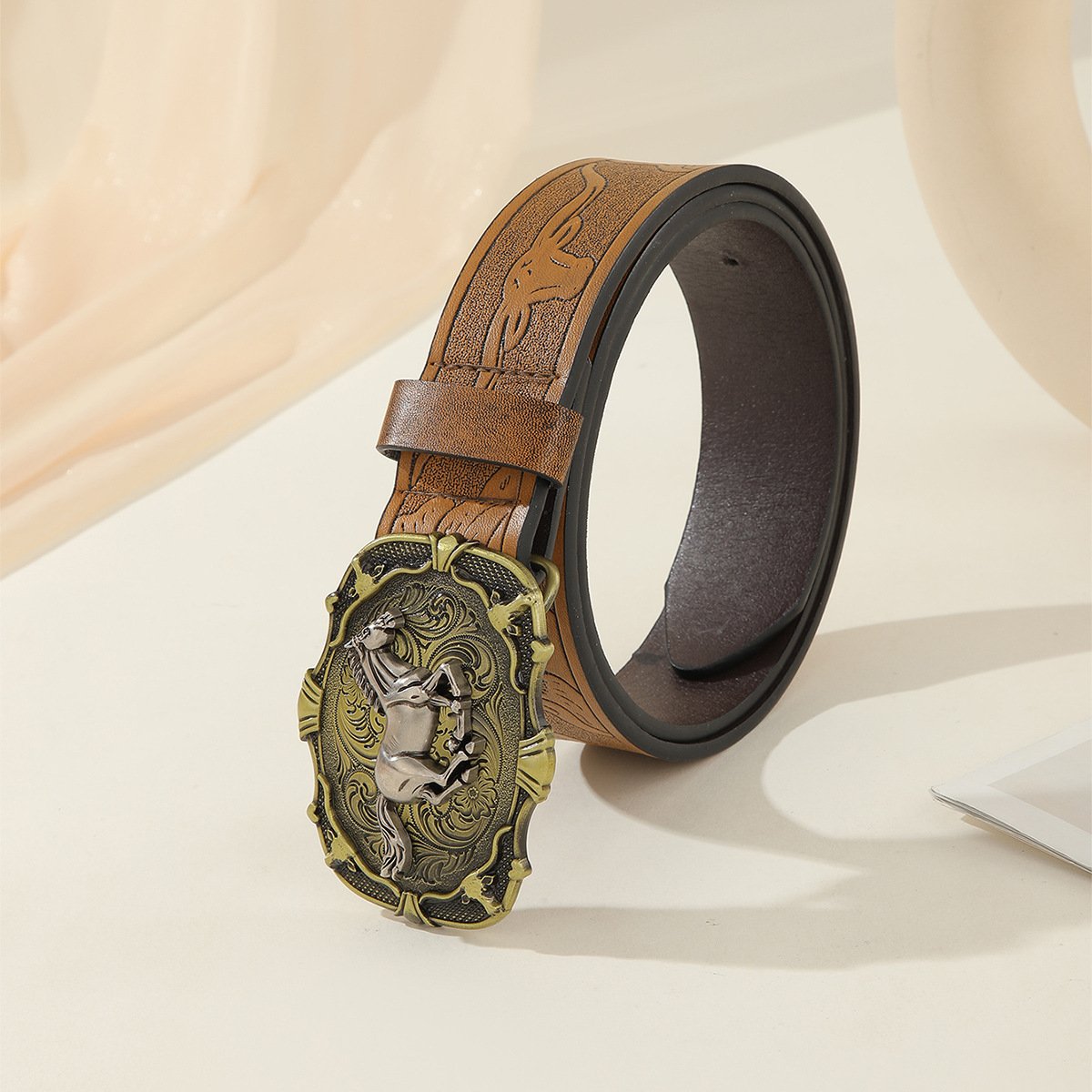 Women's High Quality Western Vintage Pattern National Style Belt Imitation Leather with Durable Alloy Buckle