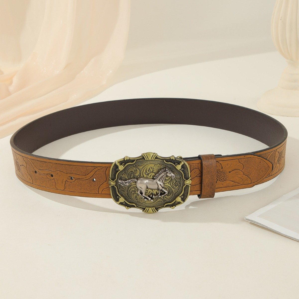 Women's High Quality Western Vintage Pattern National Style Belt Imitation Leather with Durable Alloy Buckle