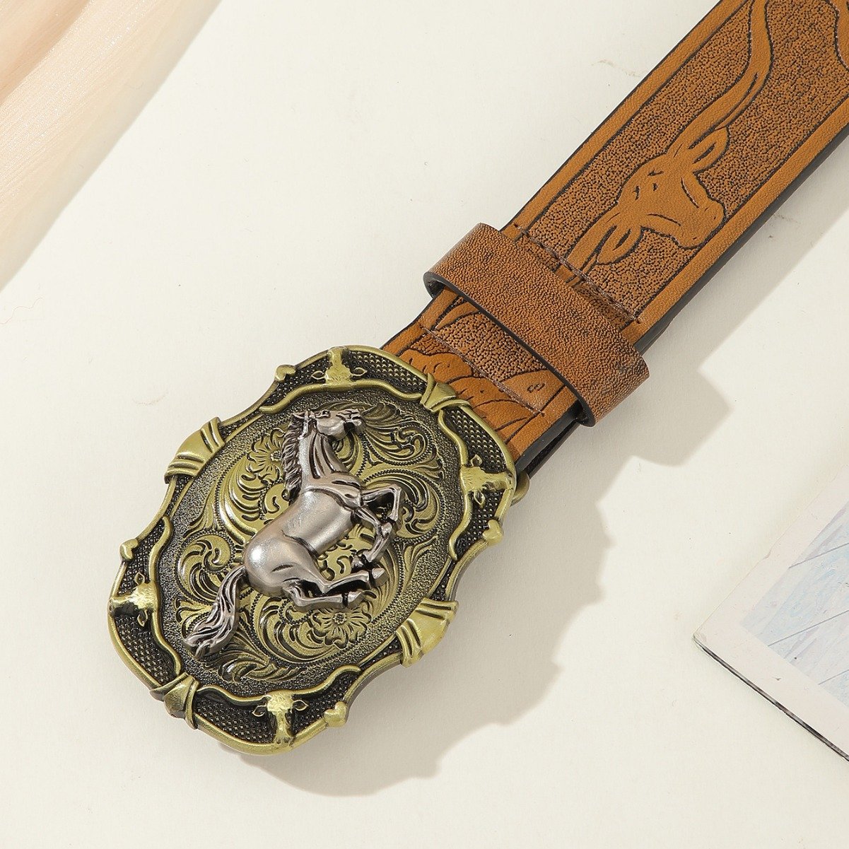 Women's High Quality Western Vintage Pattern National Style Belt Imitation Leather with Durable Alloy Buckle