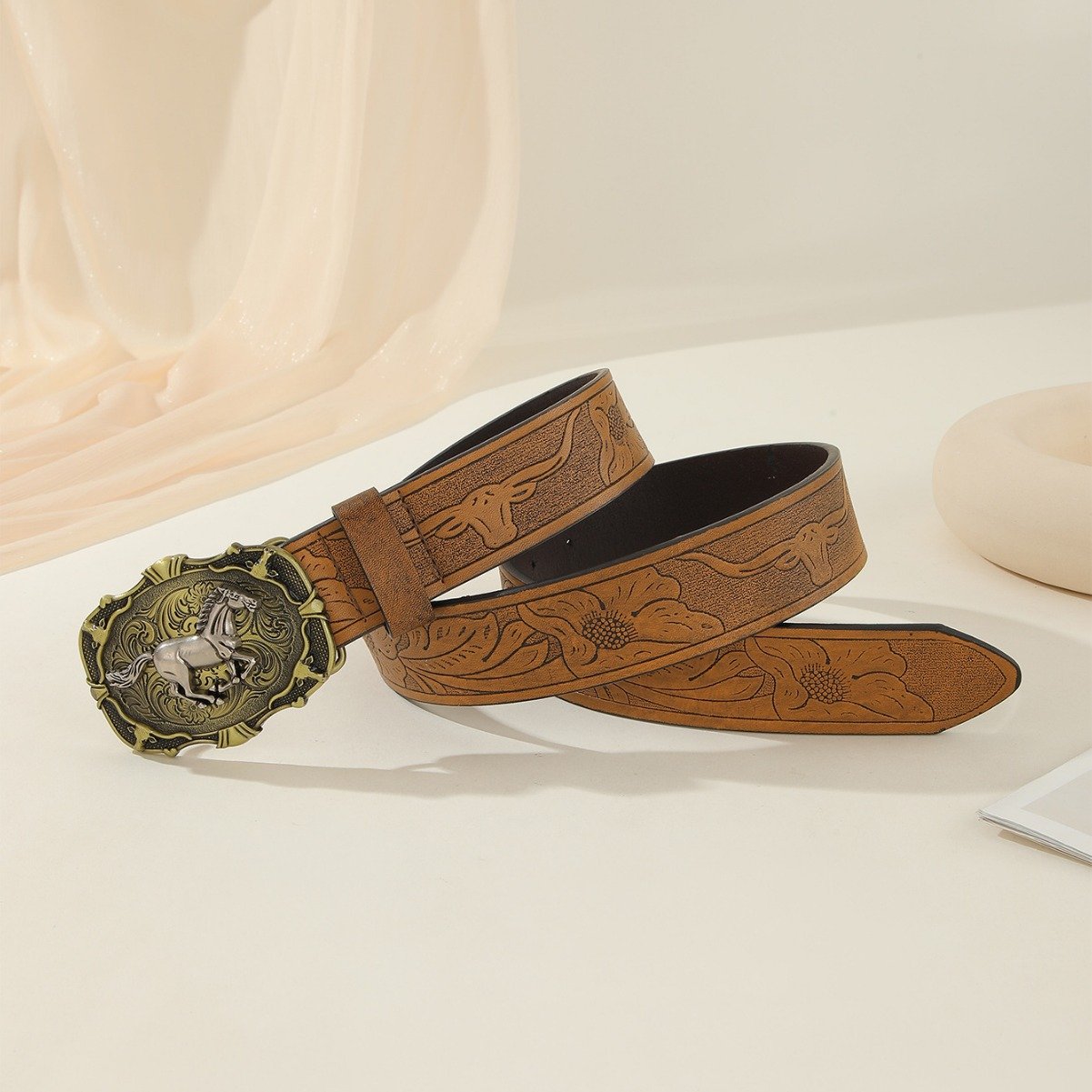 Women's High Quality Western Vintage Pattern National Style Belt Imitation Leather with Durable Alloy Buckle
