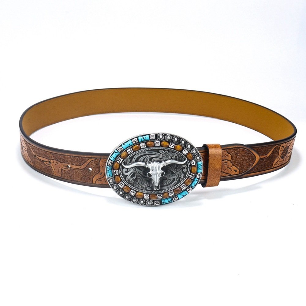 Men's High-quality Western Denim Cowhead Alloy Large Buckle Trend Retro Punk Leather Printed Belt