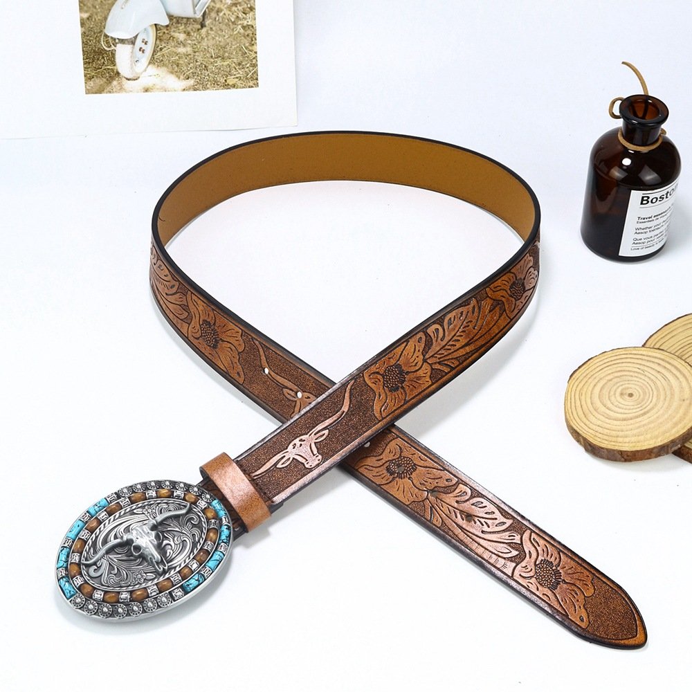 Men's High-quality Western Denim Cowhead Alloy Large Buckle Trend Retro Punk Leather Printed Belt