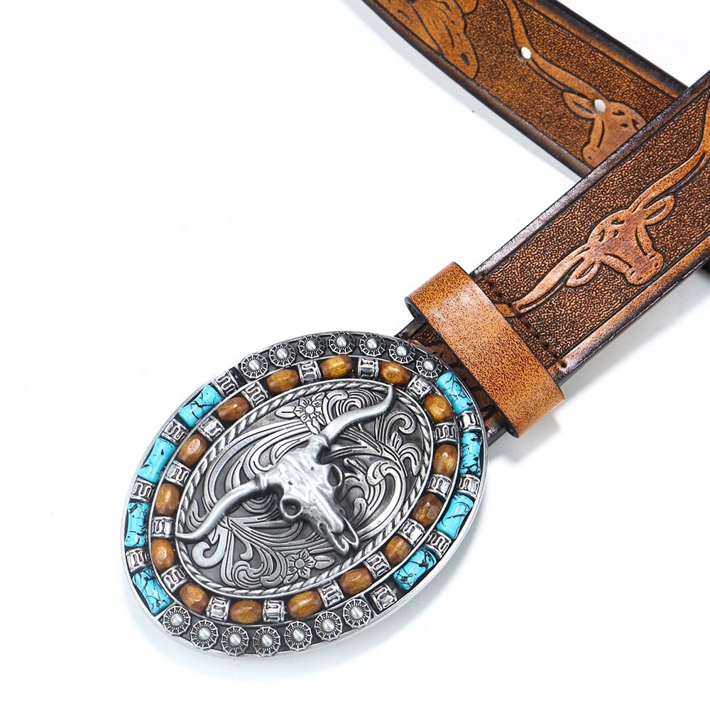 Men's High-quality Western Denim Cowhead Alloy Large Buckle Trend Retro Punk Leather Printed Belt