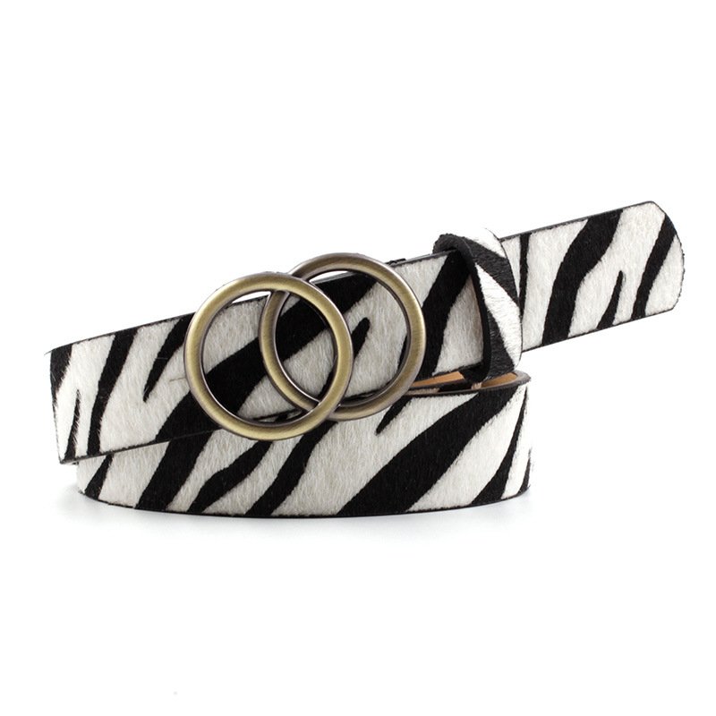 Custom Animal Skin Pattern Plush PU Belt Women Fashion Double Rings Buckle Leopard Belt
