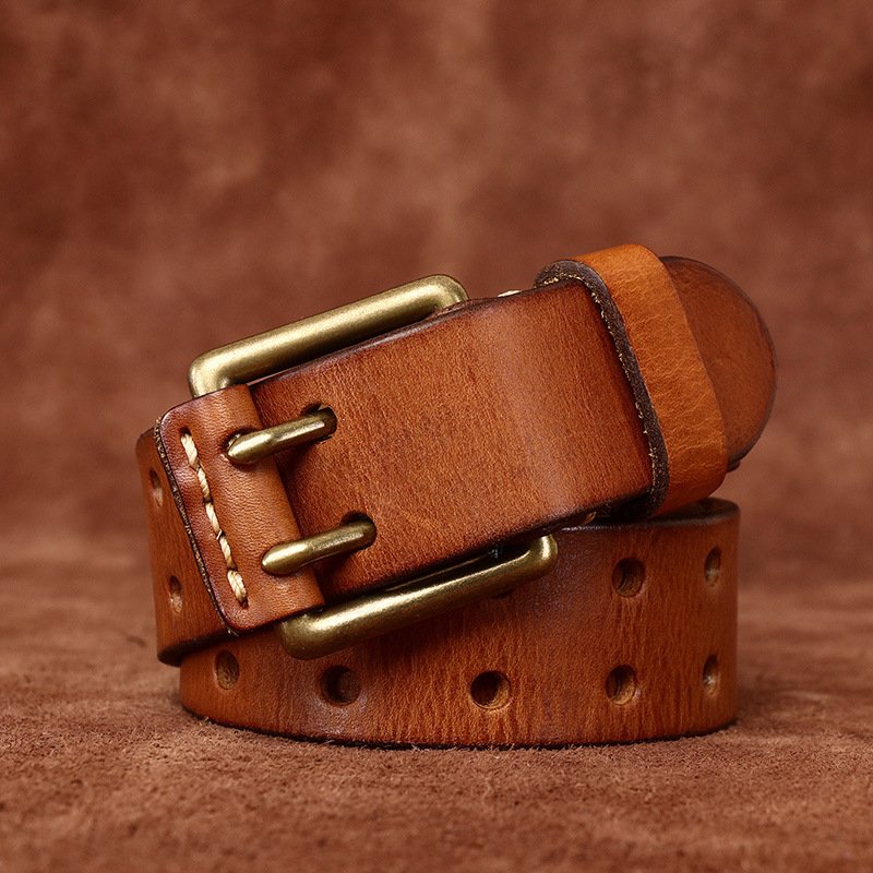 Double pin buckle head layer cowhide vintage youth brass buckle men's belt leather belt