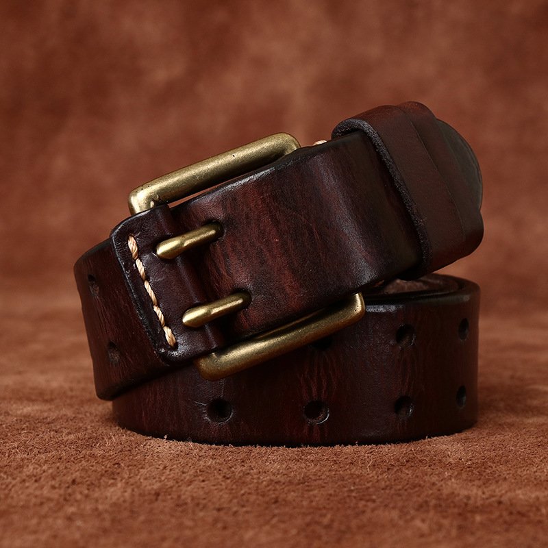 Double pin buckle head layer cowhide vintage youth brass buckle men's belt leather belt