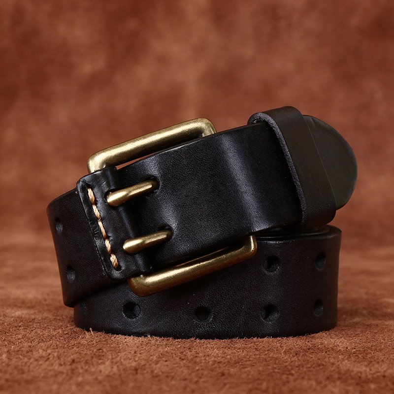 Double pin buckle head layer cowhide vintage youth brass buckle men's belt leather belt