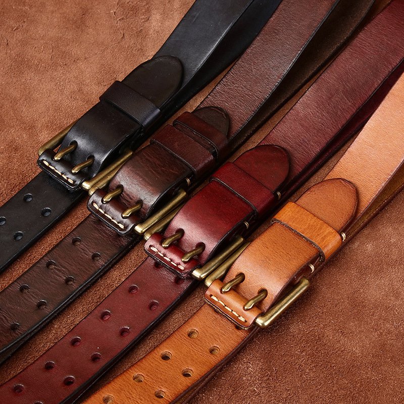 Double pin buckle head layer cowhide vintage youth brass buckle men's belt leather belt