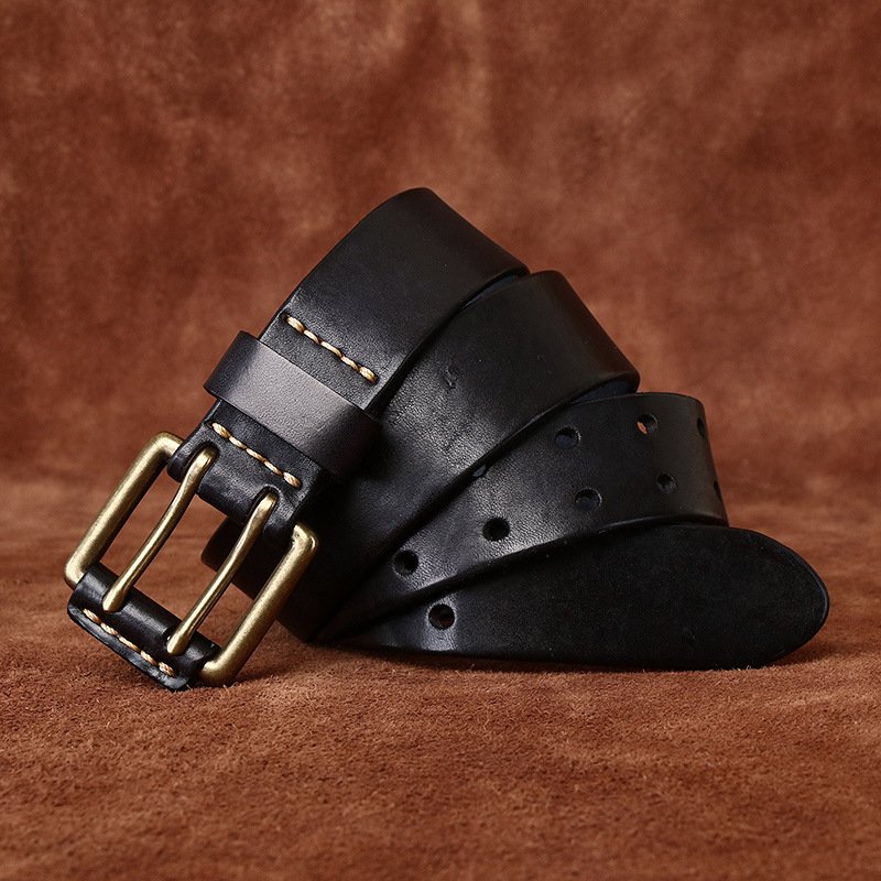 Double pin buckle head layer cowhide vintage youth brass buckle men's belt leather belt