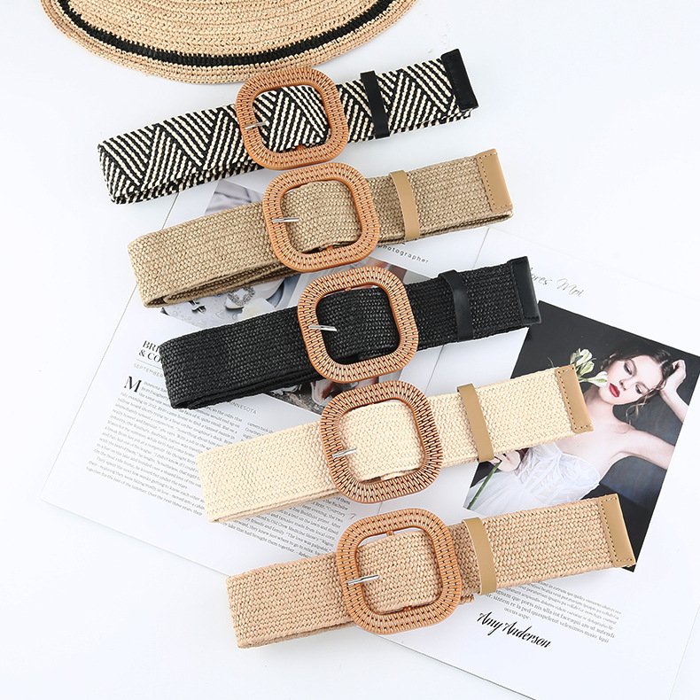 REWIN Various Design Women Skinny Dress Stretch Waist Belt PP Straw Woven Elastic Belt With Wooden Round Square Buckle