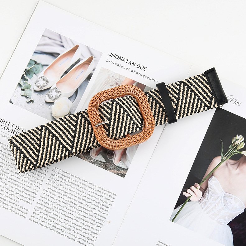 REWIN Various Design Women Skinny Dress Stretch Waist Belt PP Straw Woven Elastic Belt With Wooden Round Square Buckle