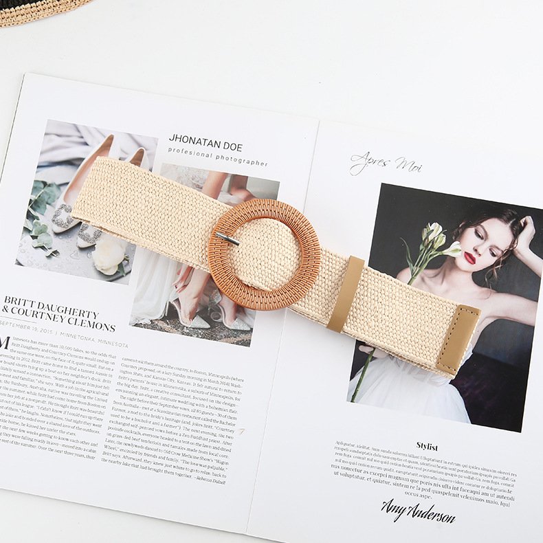 REWIN Various Design Women Skinny Dress Stretch Waist Belt PP Straw Woven Elastic Belt With Wooden Round Square Buckle