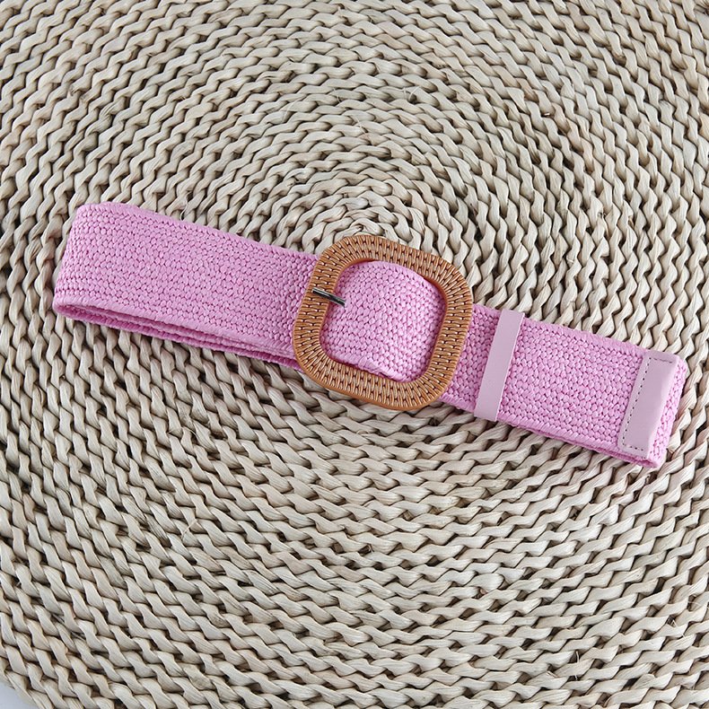 REWIN Various Design Women Skinny Dress Stretch Waist Belt PP Straw Woven Elastic Belt With Wooden Round Square Buckle