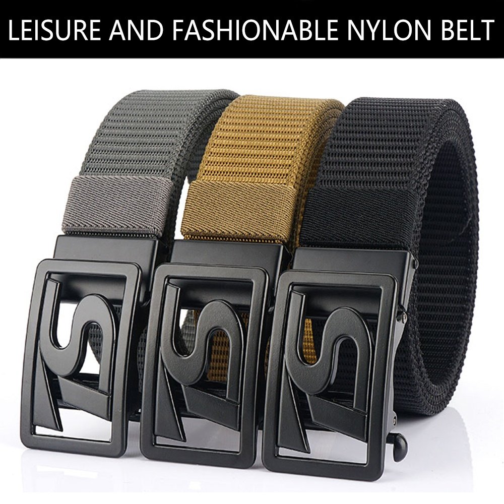 Wholesale New Men's Western Leather Ratchet Dress Business Belt with Metal Automatic Buckle Outdoor Nylon Fabric Belts
