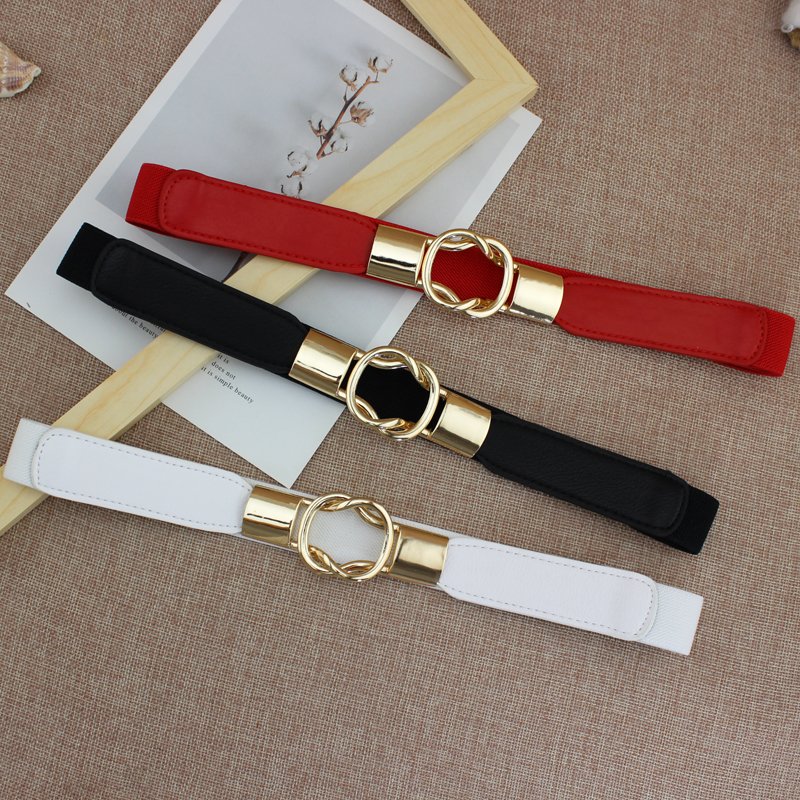 Women Retro Elastic Stretchy Metal Buckle Skinny Waist Belt 1 inch Wide
