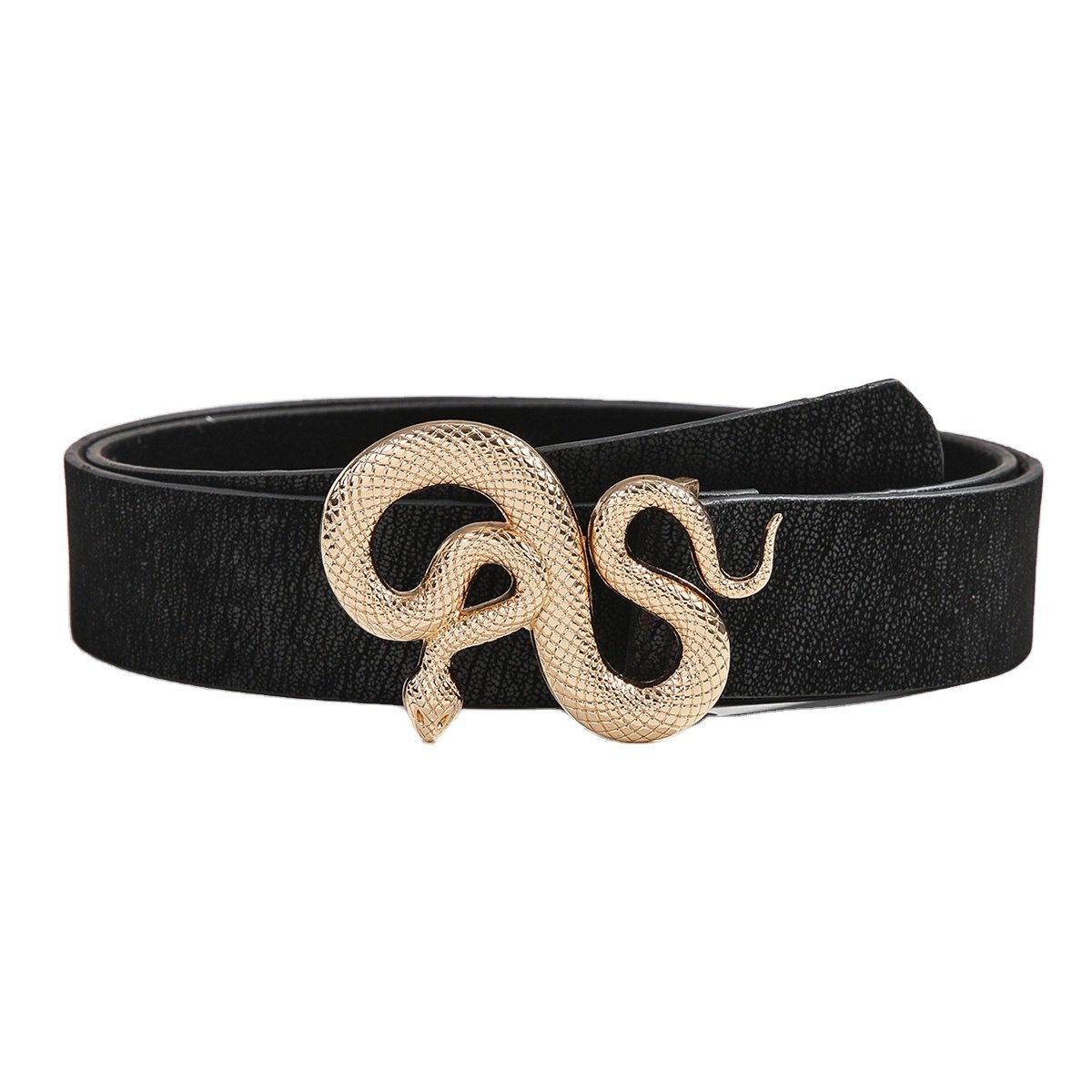 Fashion Designer Black Belts for Women's Jeans Metal Gold Snake Buckle Ladies Faux Leather Waist Belt