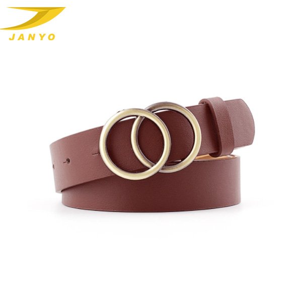 Amazon Hot Sale Fashion Trends Gold Double O-Ring Buckle Soft Faux Leather Women Belts For Jeans