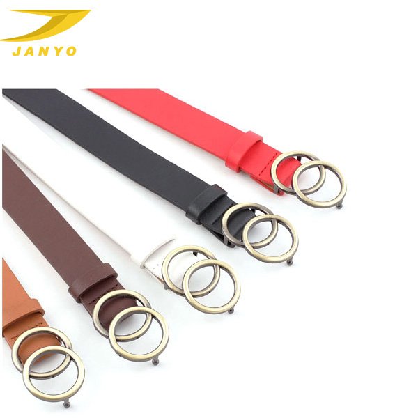 Amazon Hot Sale Fashion Trends Gold Double O-Ring Buckle Soft Faux Leather Women Belts For Jeans