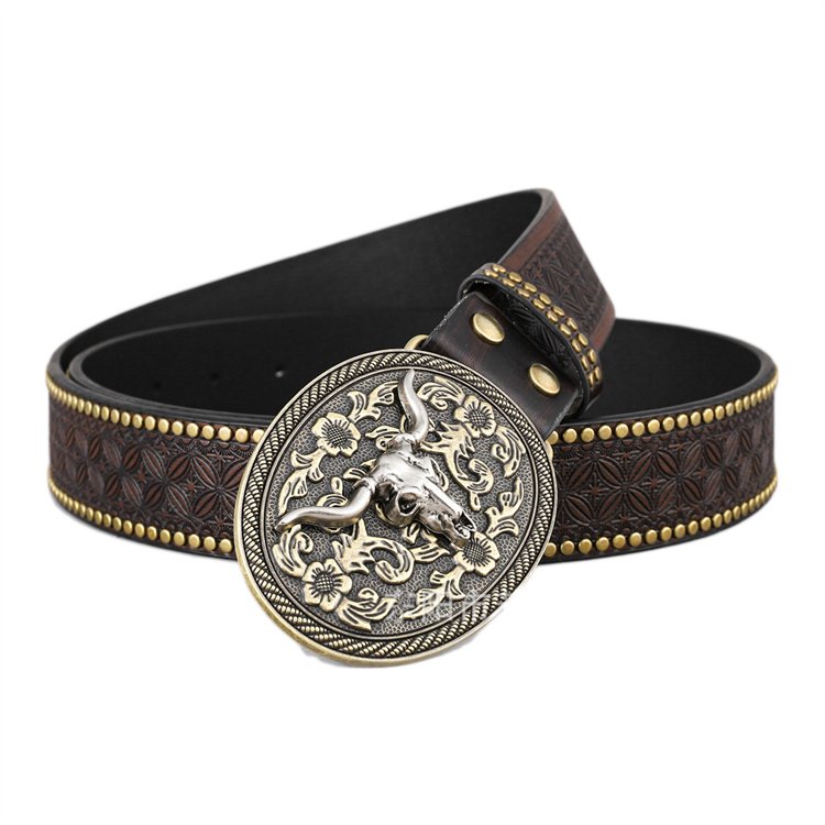 Men Women Western-Cowboy-Belt PU Leather Floral Engraved Bull Buckle-Belts for Jeans western buckles men cowboy belt