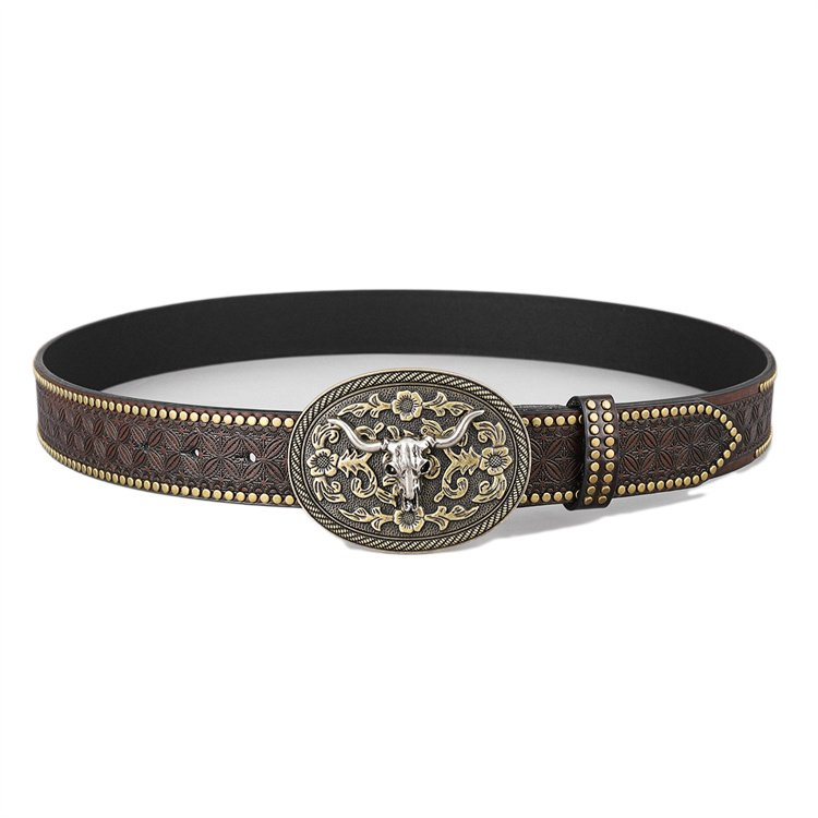 Men Women Western-Cowboy-Belt PU Leather Floral Engraved Bull Buckle-Belts for Jeans western buckles men cowboy belt