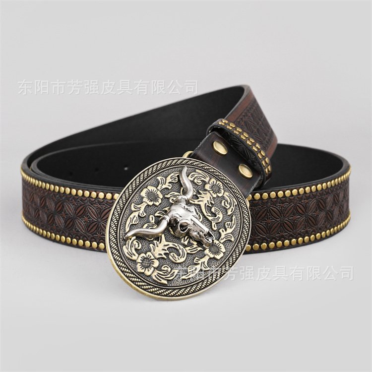 Men Women Western-Cowboy-Belt PU Leather Floral Engraved Bull Buckle-Belts for Jeans western buckles men cowboy belt