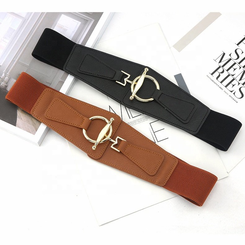 Retro Golden Ring Buckle Adjustable Elastic Stretch Waistband Overcoat Decor Girdle for Women