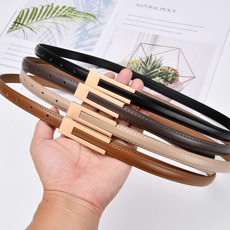 Classic Retro Women's Real Leather Belt with Alloy Buckle Simple Thin Cow Hide Women's Dress Belt