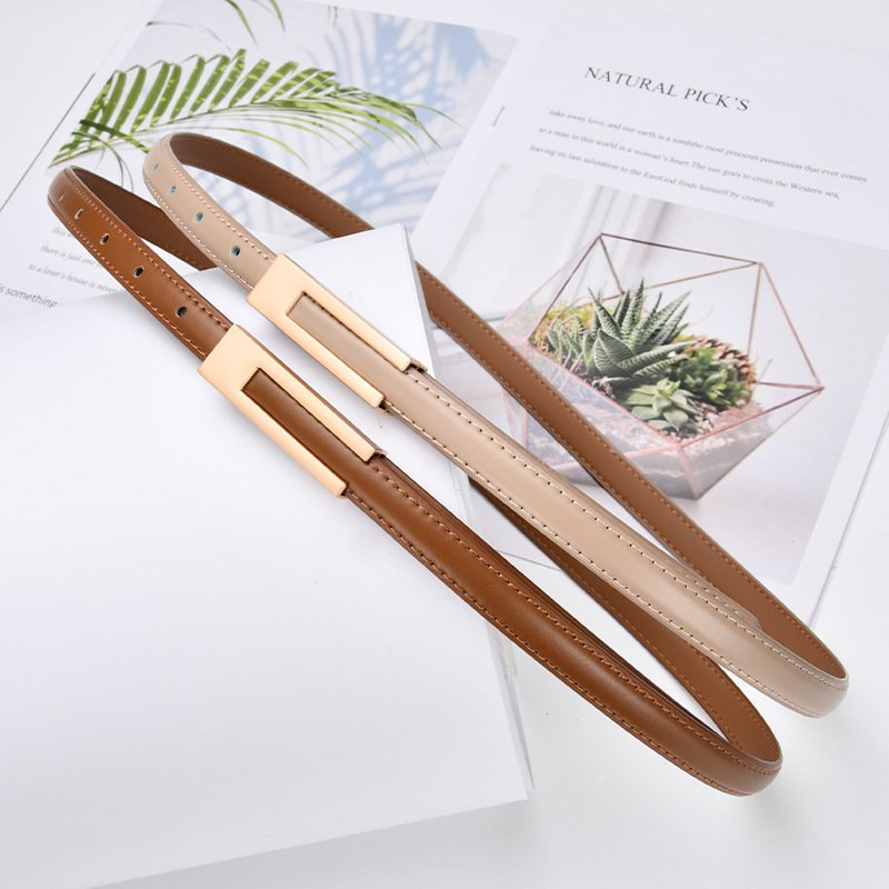 Classic Retro Women's Real Leather Belt with Alloy Buckle Simple Thin Cow Hide Women's Dress Belt