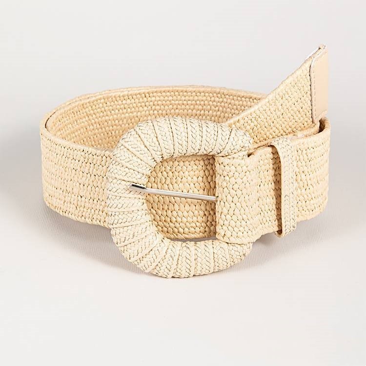 RW Simple Style Tropical Wide Woven Stretch Waist Belt With Square Pin Buckle Women's Straw Woven Elastic Skinny Belt For Dress