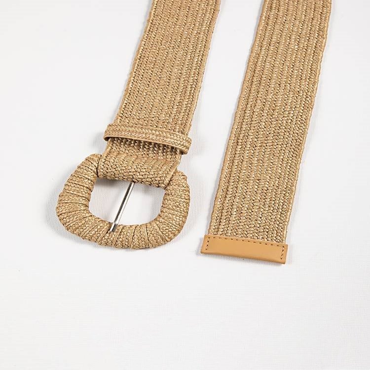 RW Simple Style Tropical Wide Woven Stretch Waist Belt With Square Pin Buckle Women's Straw Woven Elastic Skinny Belt For Dress