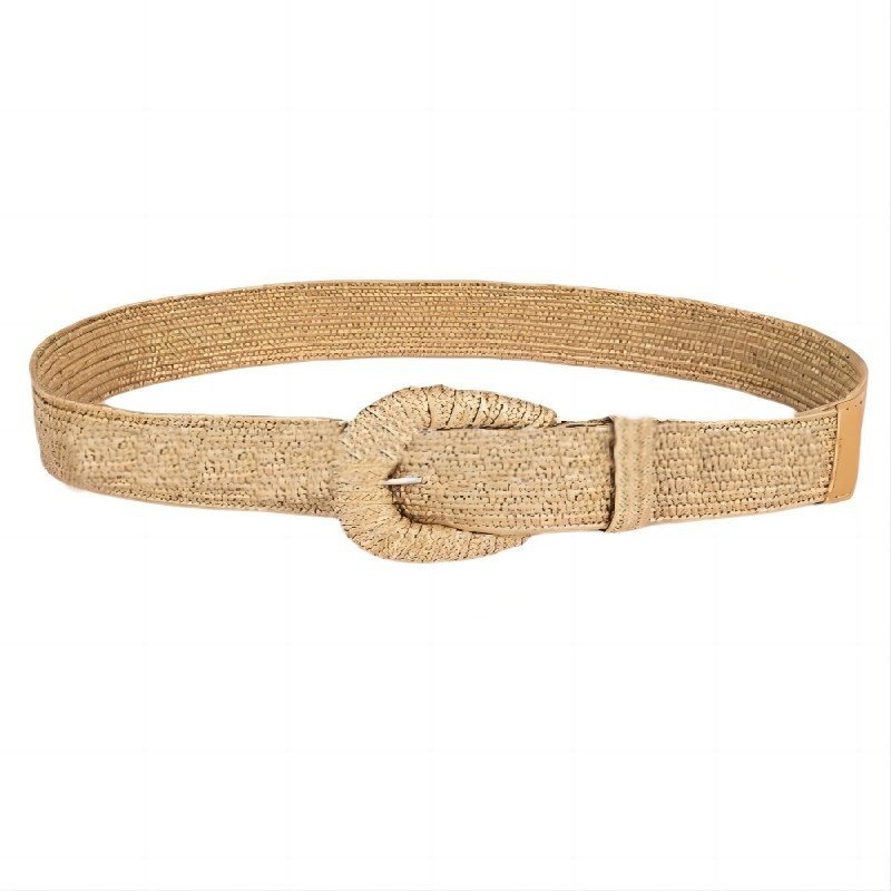 RW Simple Style Tropical Wide Woven Stretch Waist Belt With Square Pin Buckle Women's Straw Woven Elastic Skinny Belt For Dress