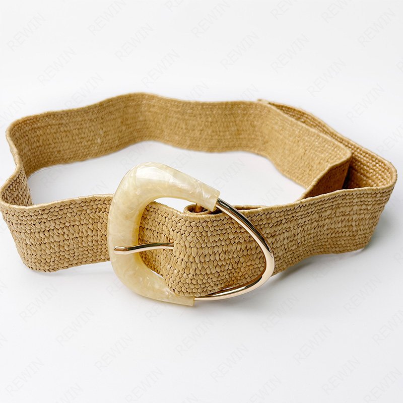 REWIN 2024 New Fashion Elastic Skinny Dress Waistband Triangle Acrylic Buckle Women Woven Rattan Wide Stretch Straw Belt