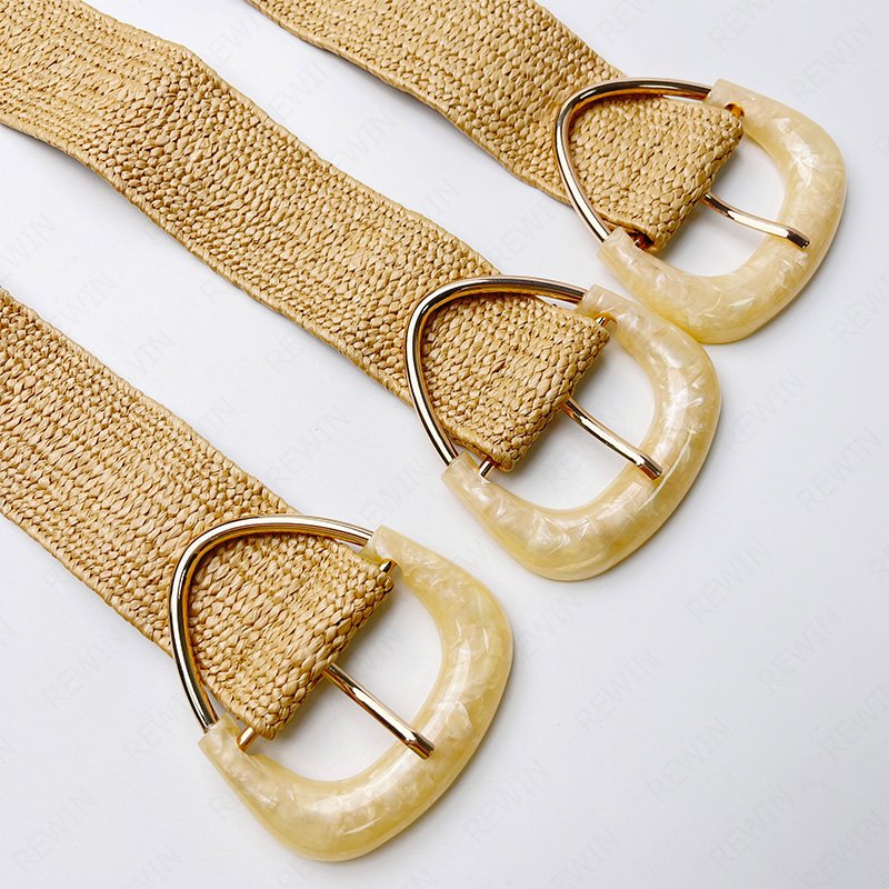 REWIN 2024 New Fashion Elastic Skinny Dress Waistband Triangle Acrylic Buckle Women Woven Rattan Wide Stretch Straw Belt