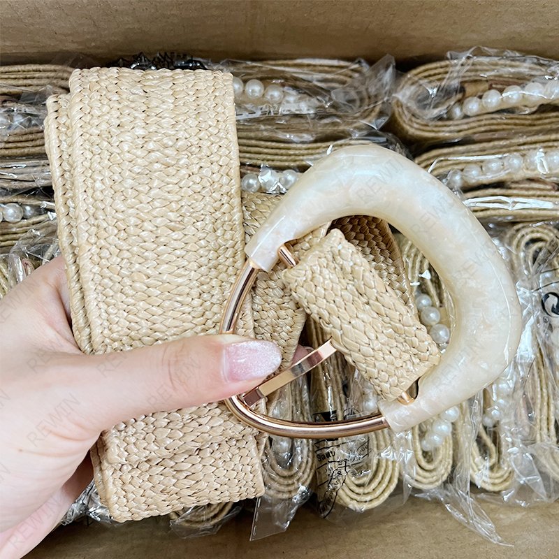 REWIN 2024 New Fashion Elastic Skinny Dress Waistband Triangle Acrylic Buckle Women Woven Rattan Wide Stretch Straw Belt