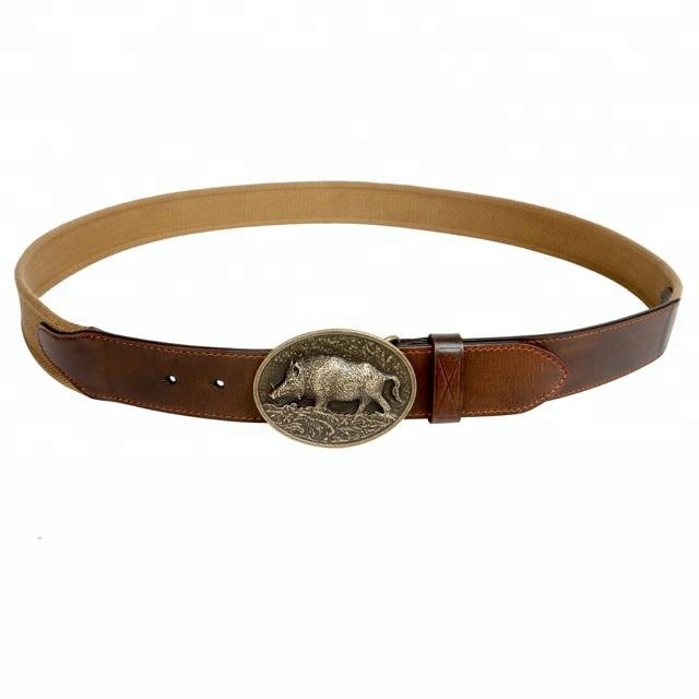HIBO wild boar pattern brass buckle mens genuine leather belt