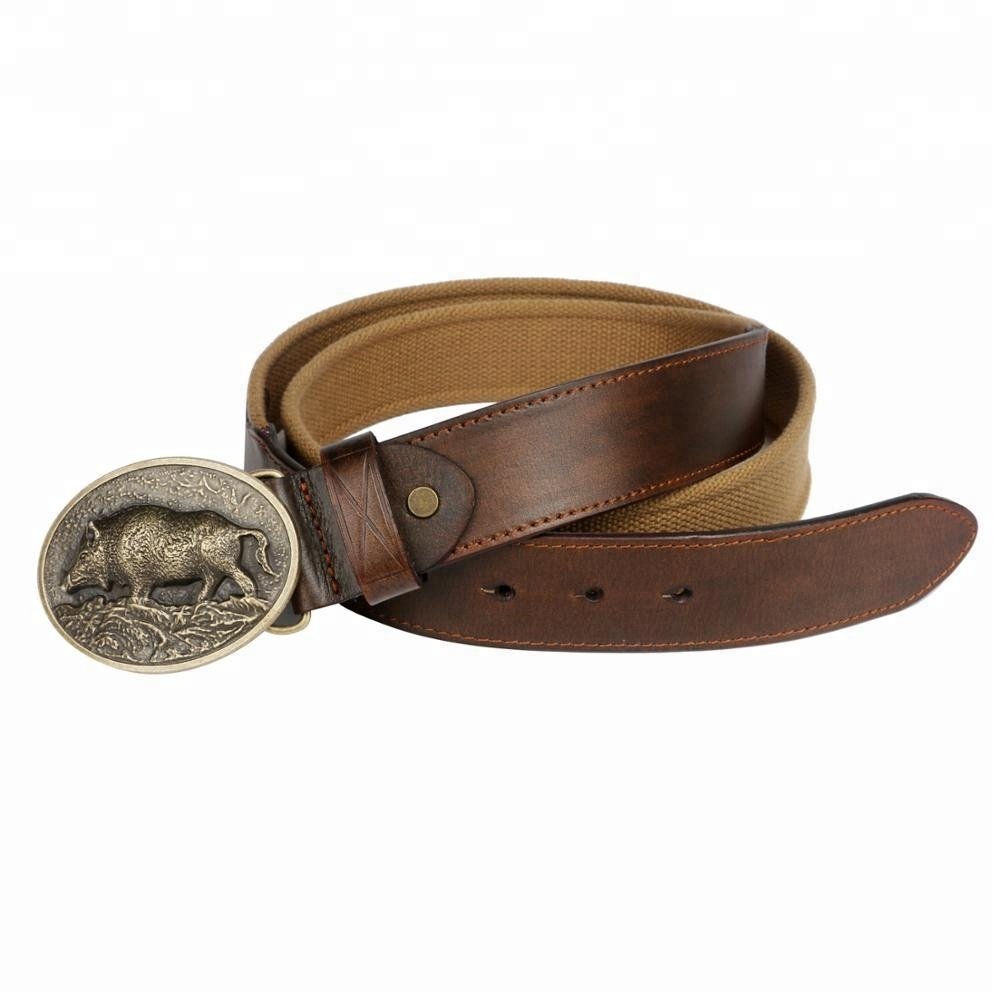 HIBO wild boar pattern brass buckle mens genuine leather belt