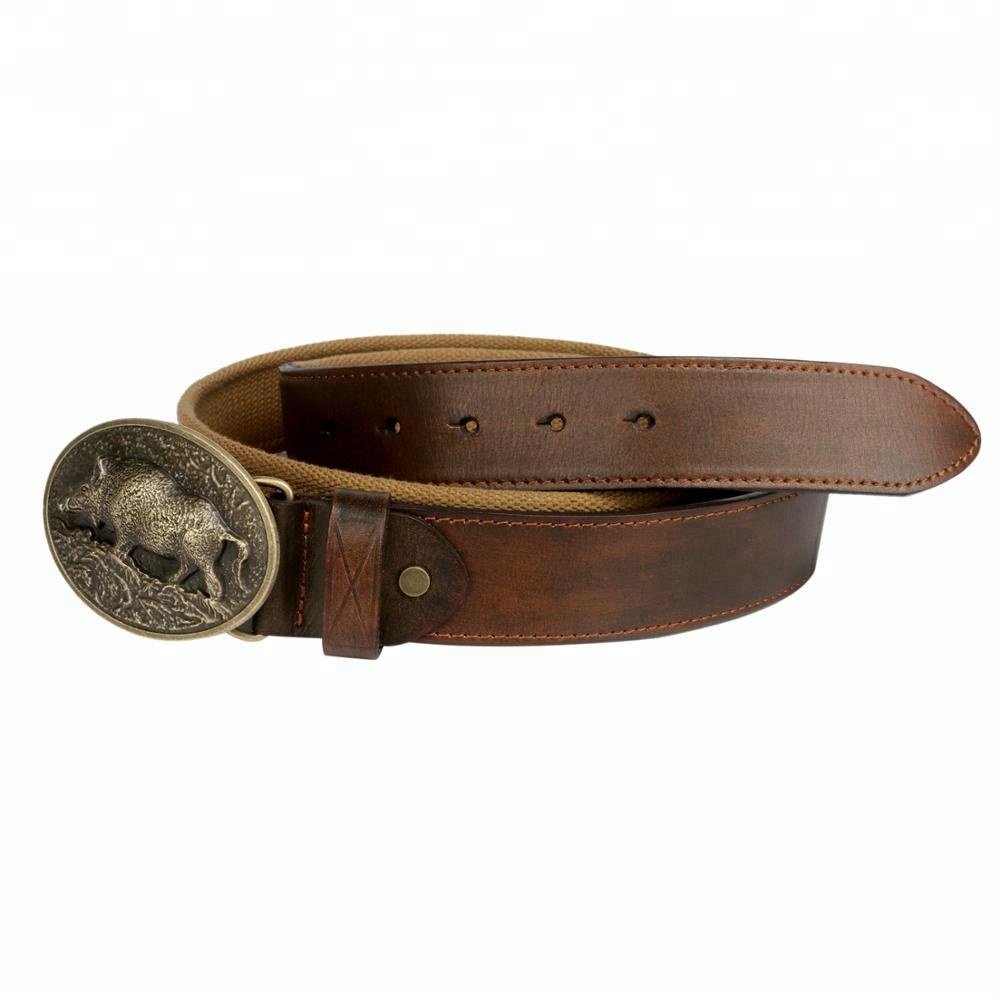 HIBO wild boar pattern brass buckle mens genuine leather belt
