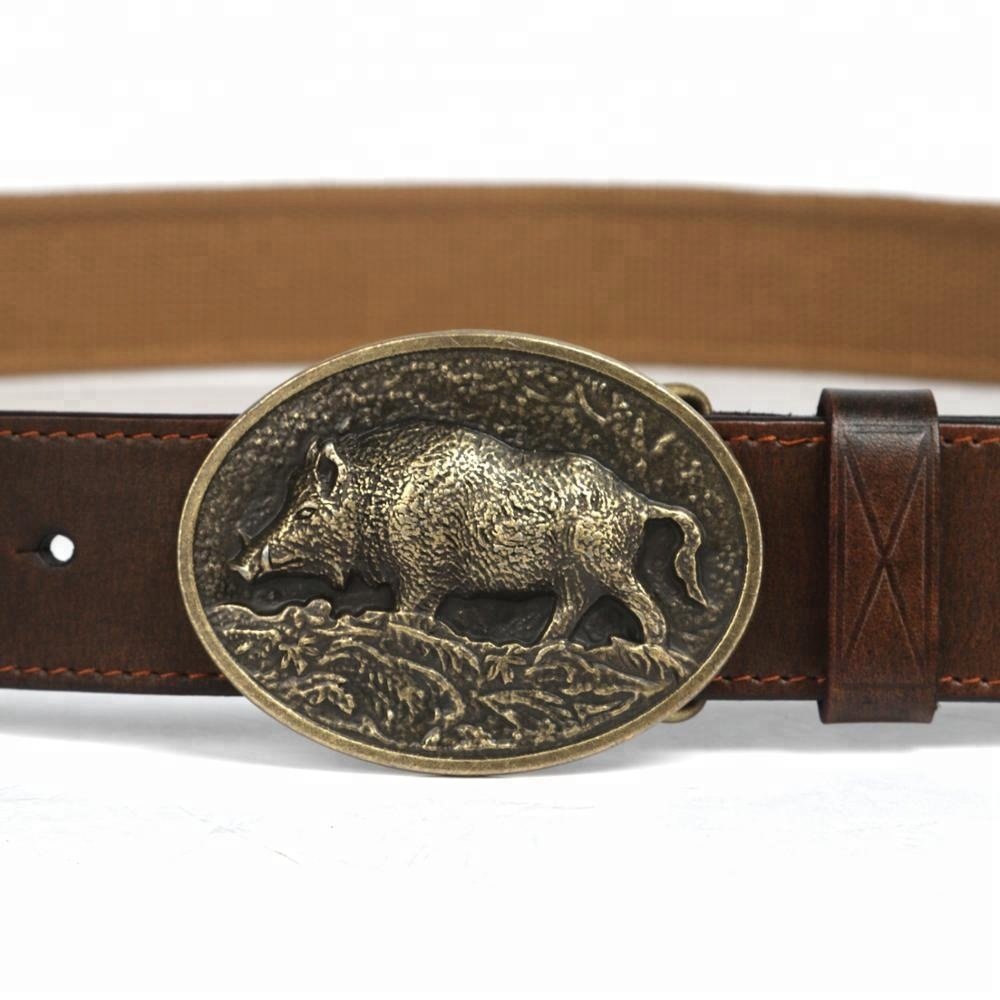 HIBO wild boar pattern brass buckle mens genuine leather belt