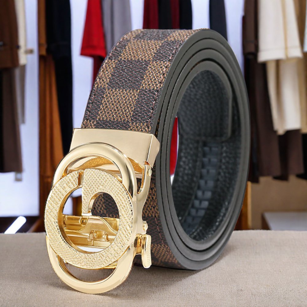 Men's Genuine Cowhide Leather Belt Simple Fashion Plaid Waistband with Automatic Alloy Buckle