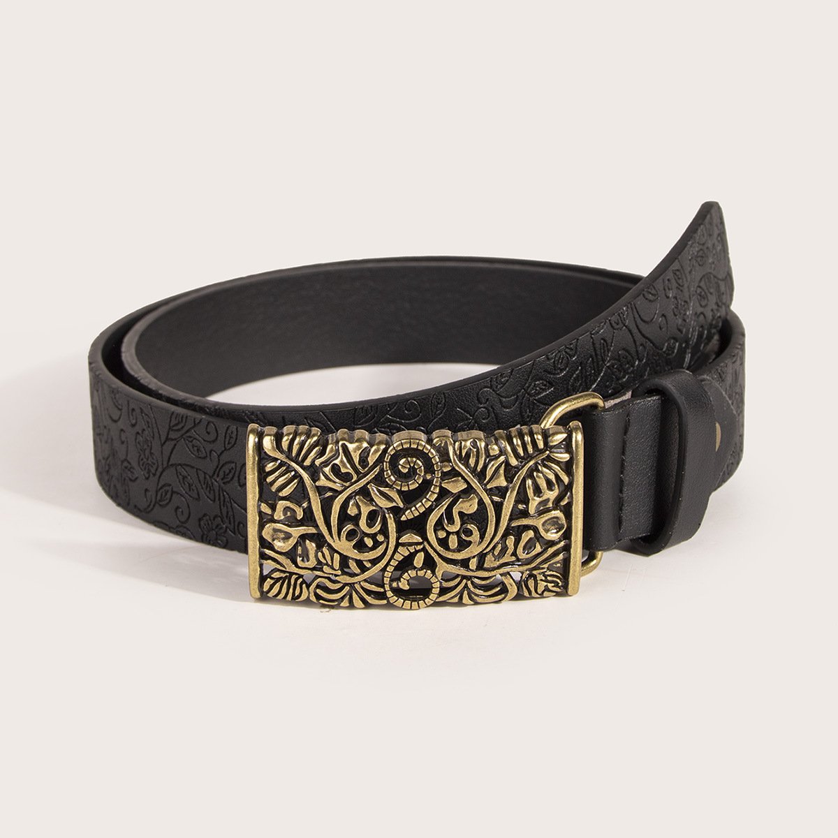 Custom Brown Pu Flower Belt Metal Vintage Buckle Embossing Copper Pu Belt Leather
