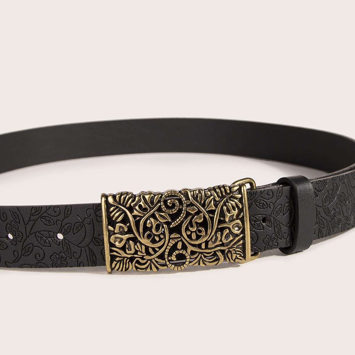 Custom Brown Pu Flower Belt Metal Vintage Buckle Embossing Copper Pu Belt Leather
