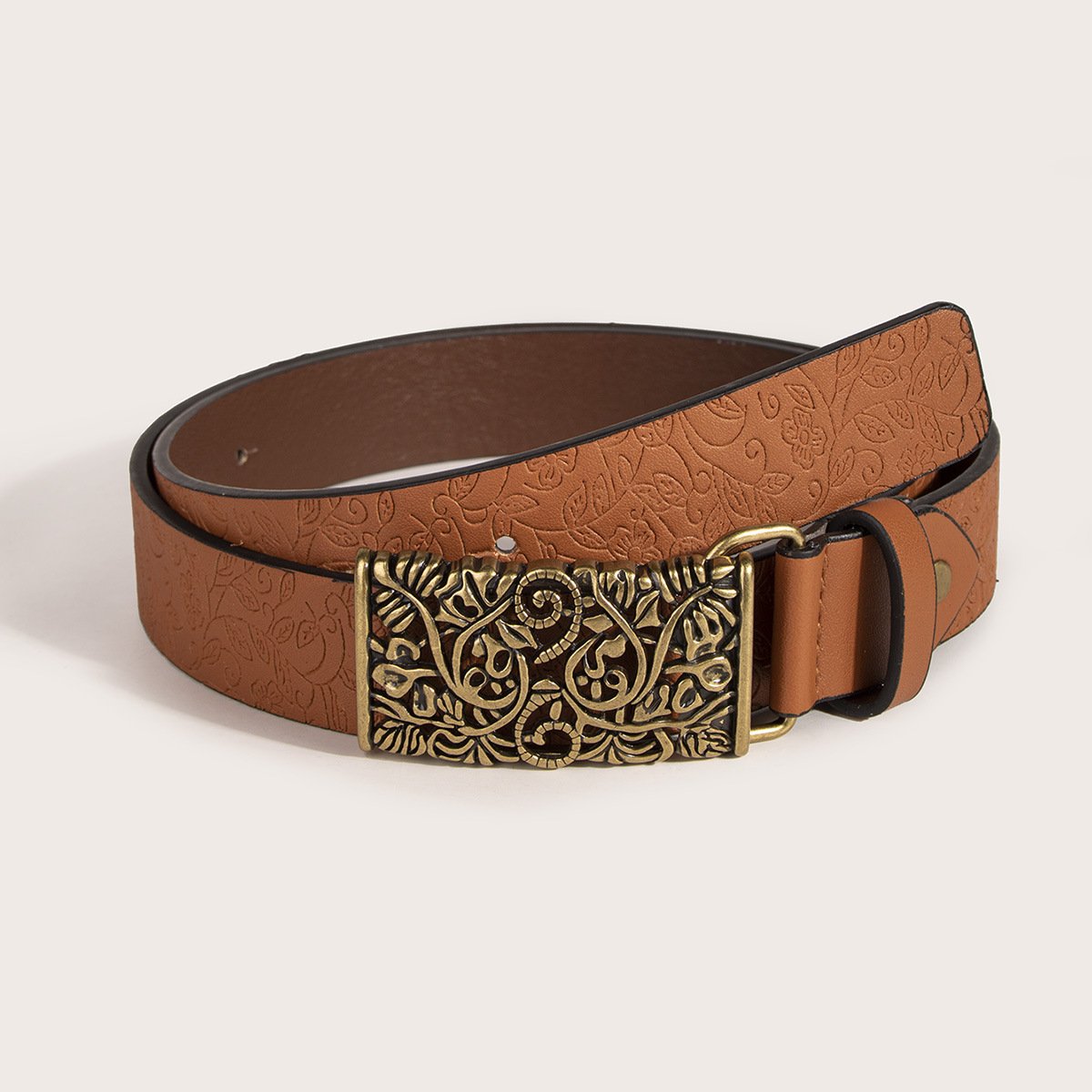 Custom Brown Pu Flower Belt Metal Vintage Buckle Embossing Copper Pu Belt Leather