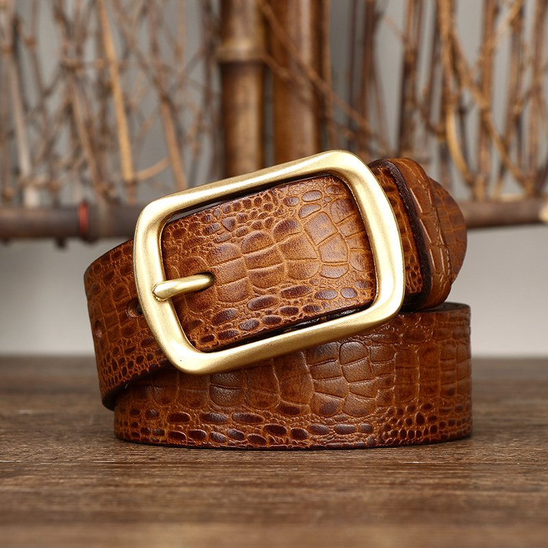 retro trend crocodile print pressed flower head layer cowhide leather belt men's leather needle buckle all casual denim belt