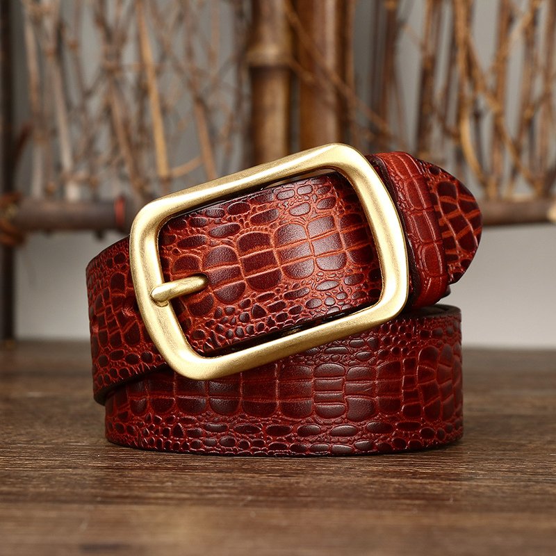 retro trend crocodile print pressed flower head layer cowhide leather belt men's leather needle buckle all casual denim belt